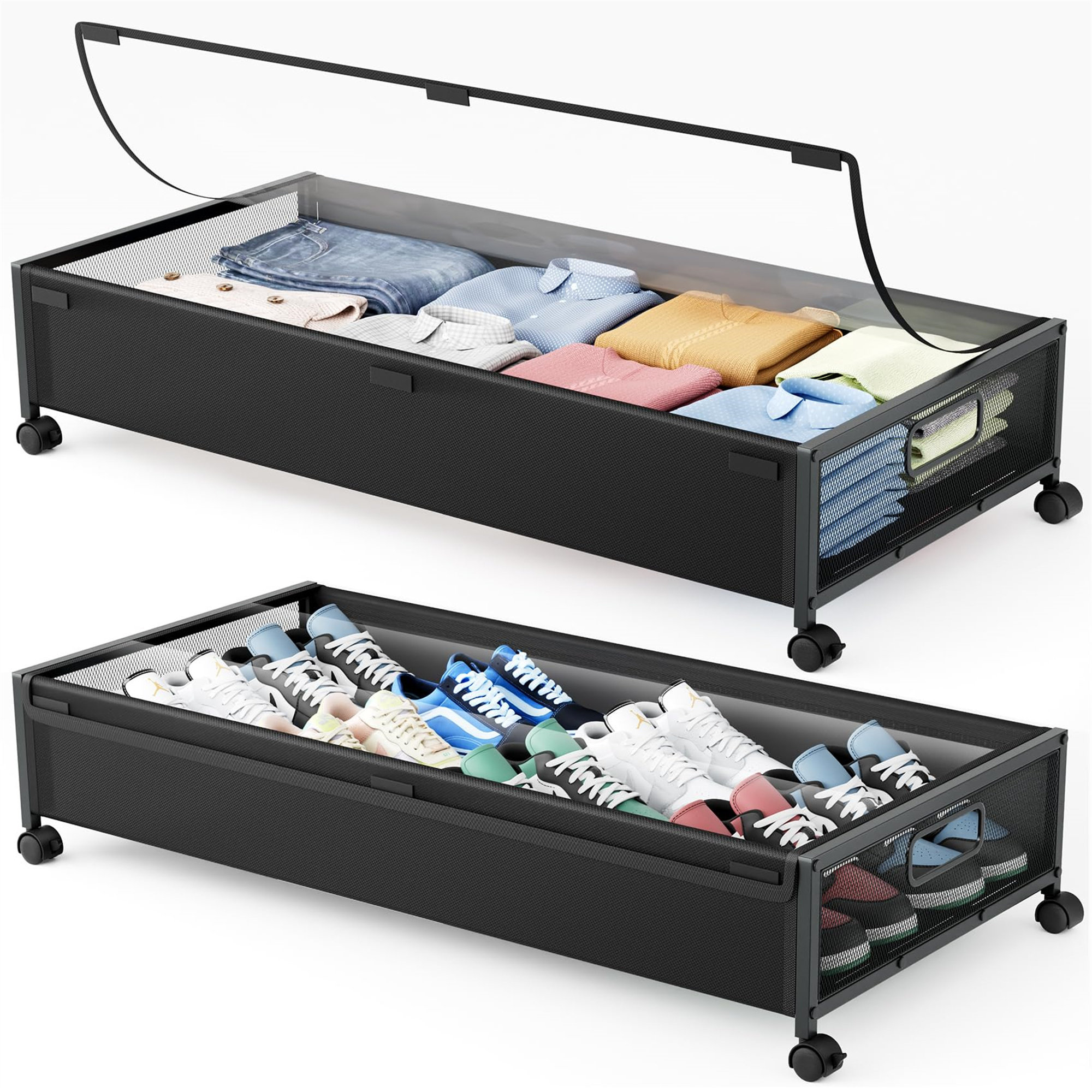 Rebrilliant Under Bed Storage Containers With Wheels 2 Pack Extended Under Bed Shoe Storage Bins Bedroom Storage Organizer Large Capacity Under Bed Rolling Storage With Lid For Clothes Shoes Toys Blan...